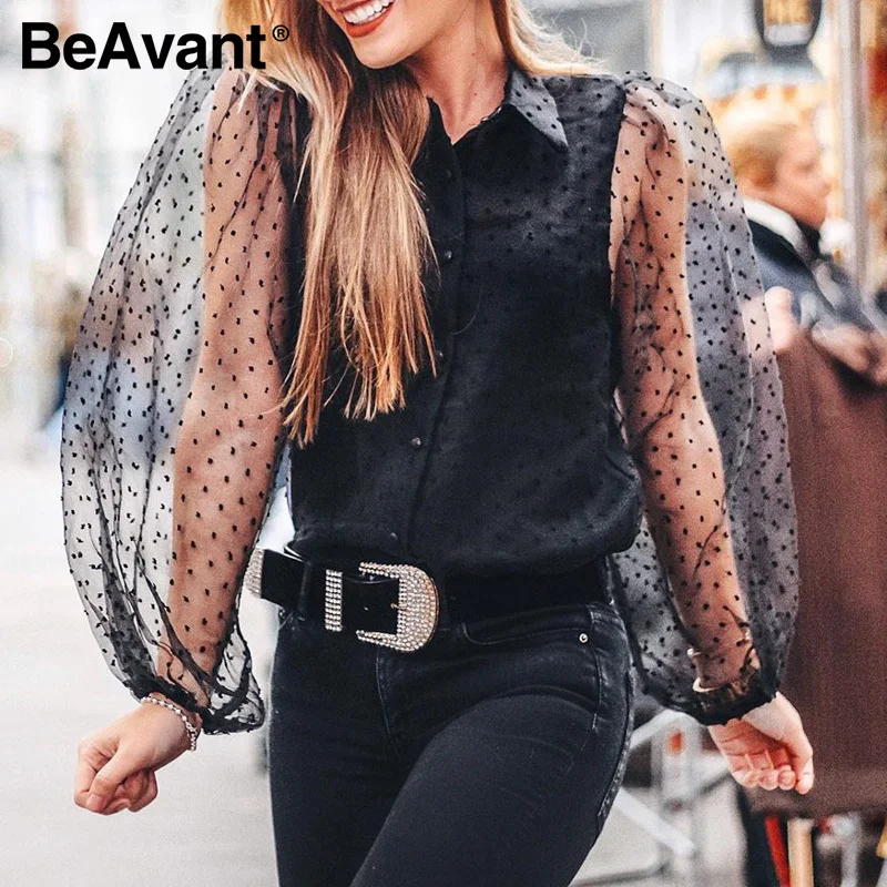 BeAvant уличная женская черная блузка рубашки из кусков рукав фонарик прозрачные