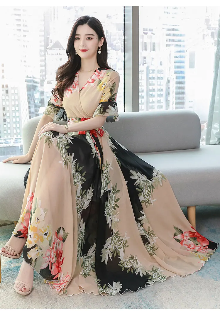 

Houthion Women's Oversized Dresses Chiffon Plus Size Loose Dress Summer New Print A-LINE Knee-Length Fashion Bosmia V-neck