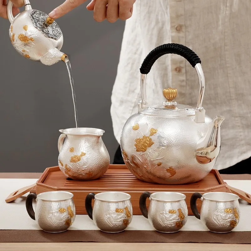 Juego de t&eacute; hecho a mano de plata de ley 999, tetera japonesa retro, tetera para el hogar, oficina, ceremonia del t&eacute;, Kungfu, 1300ml-1