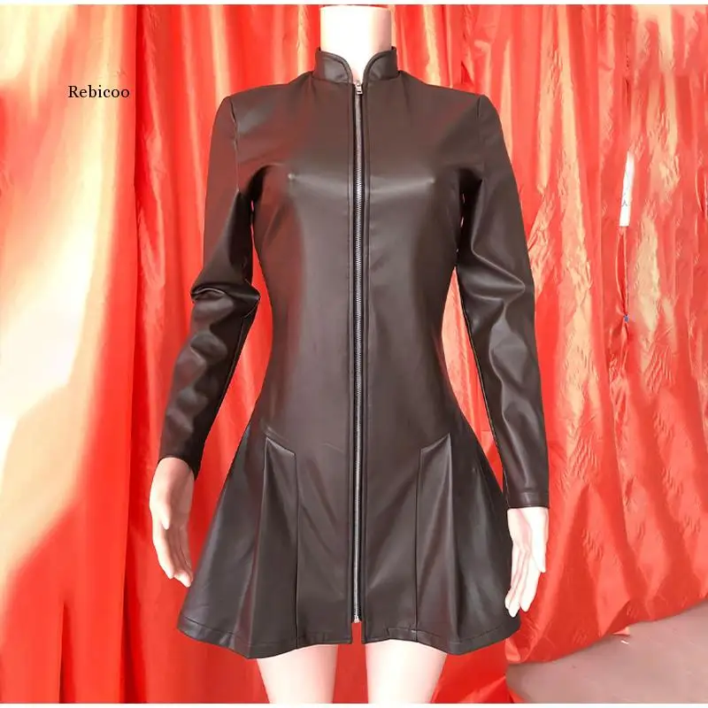

Short Pleated Pu Women's Dress Sexy Party Zipper Female Long-Sleeve Dresses Autumn Streetwear Faux Leather Woman Clothing