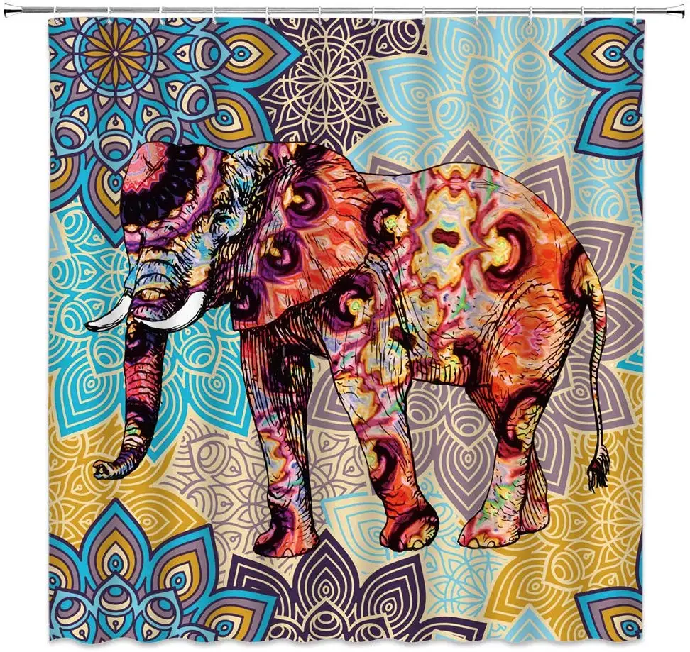 

Bohemian Colored Animal Decor African Elephant with Tribe Mandala Pattern