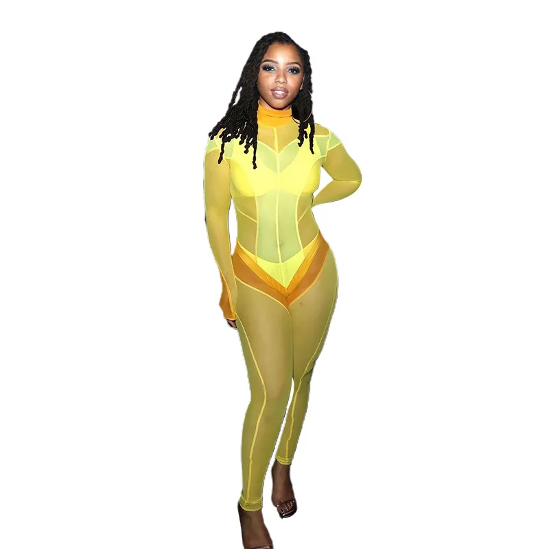 

Fall 2021 Women's New Long Sleeve Stand Collapel Sexy Fashion Net See-through Zipper Tight Jumpsuit