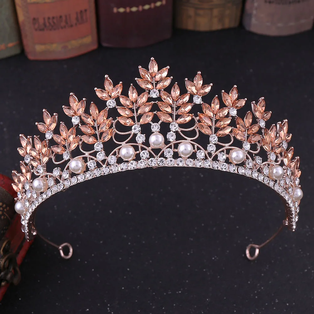 

KMVEXO New Baroque Luxury Rhinestone Pearl Bridal Tiara Crown Crystal Diadem Veil Tiaras Wedding Hair Accessories Headpiece