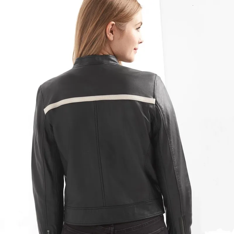 Женская короткая байкерская куртка из натуральной кожи с карманами|Кожаные