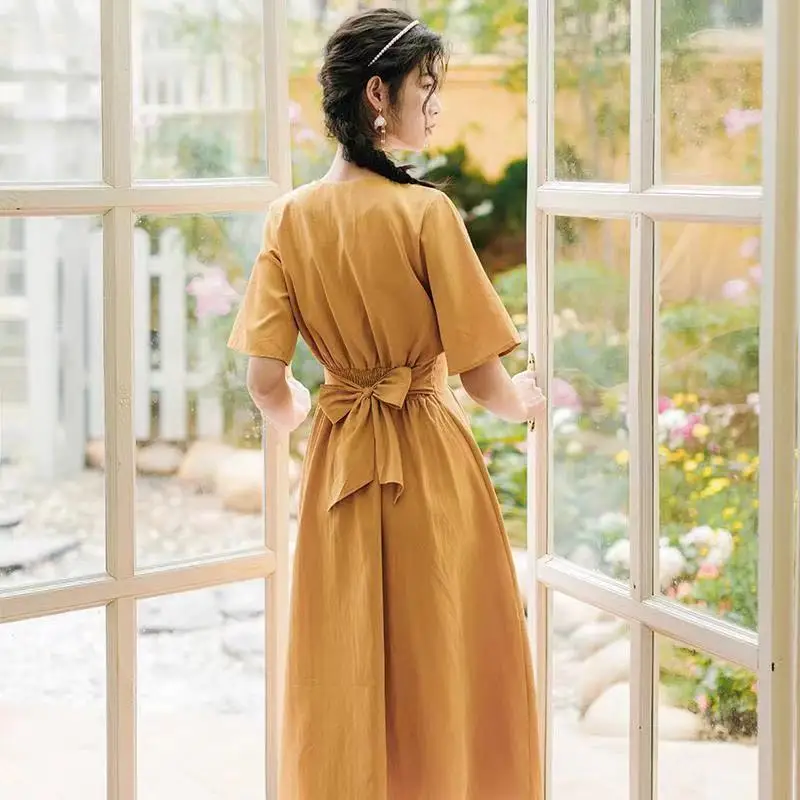 

Summer French Retro Solid Midi Dress Women Elegant Bow Slim Korean One-piece Dress Female Office Lady Casual Designer Dress 2021