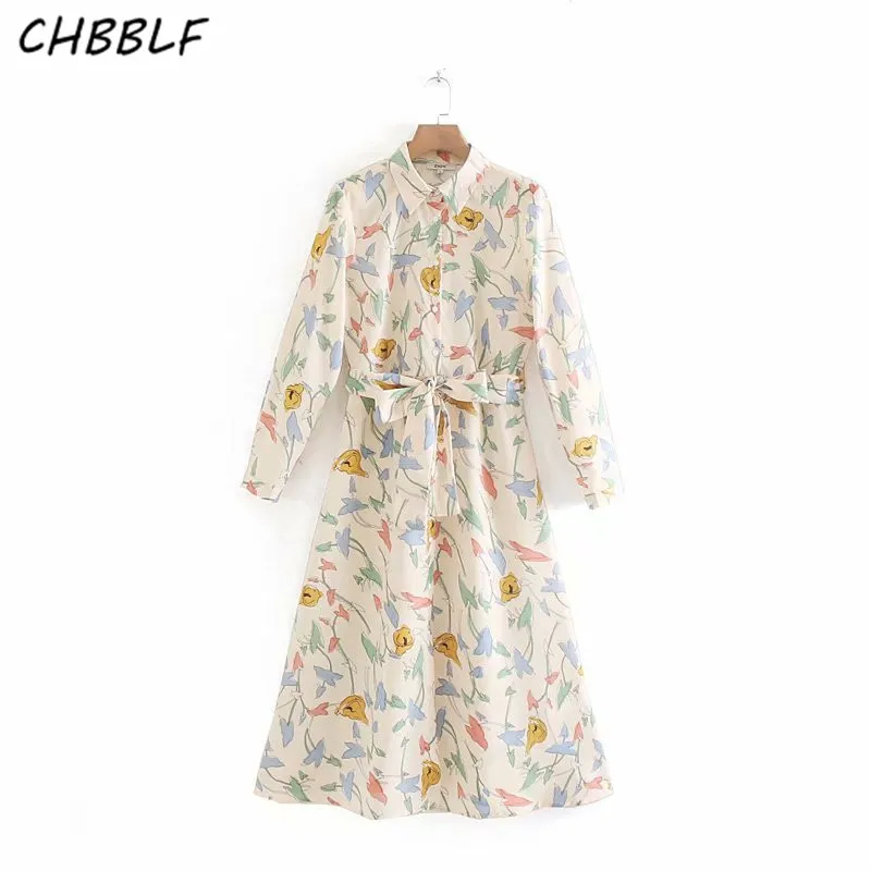 CHBBLF женское стильное платье рубашка с цветочным принтом длинными рукавами и