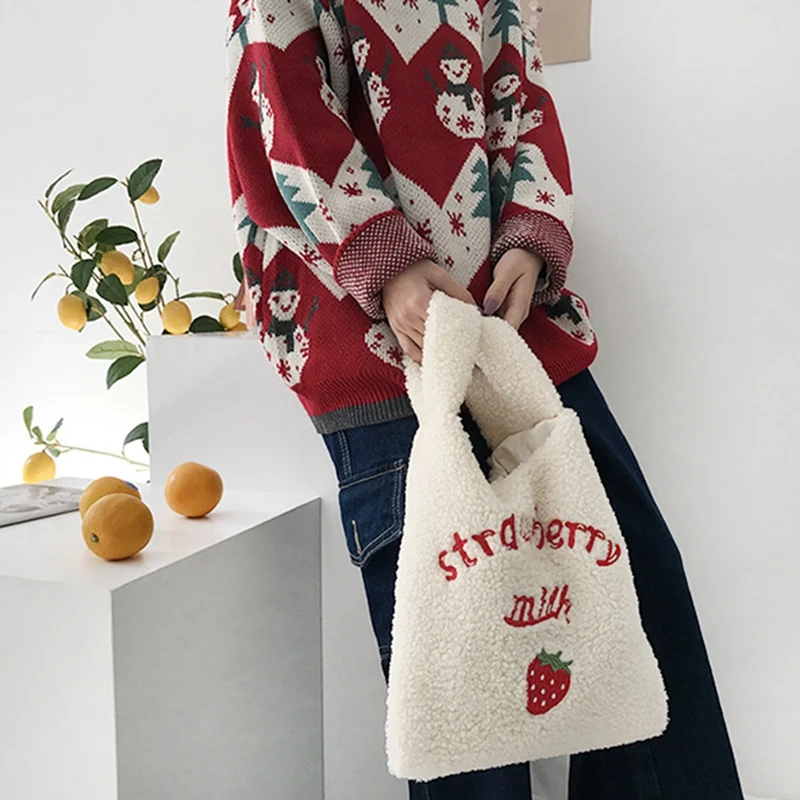 

Winter Women Small Plush Tote Bag Fashion Simple Warm Cloth Wrist Bag Embroidery Tote Bag High Quality Makeup Bag