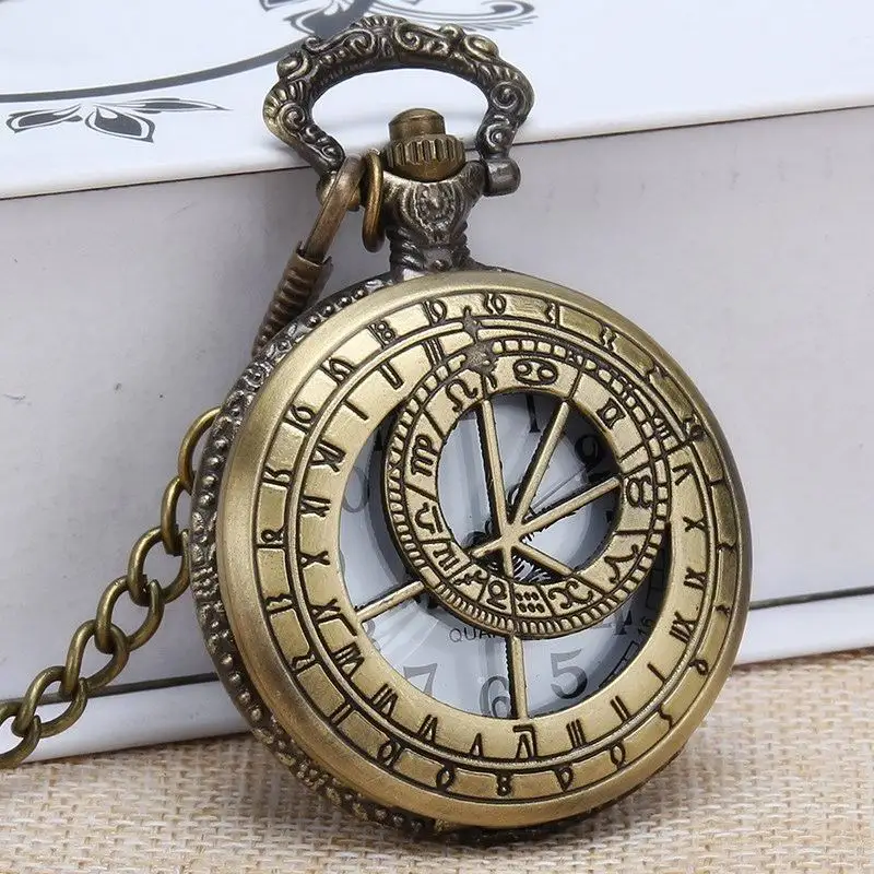 Hollow Compass Map Fob Watches Fashion Quartz Pocket Watch Vintage Necklace Pendant Clock Gift Bronze Chain Necklace