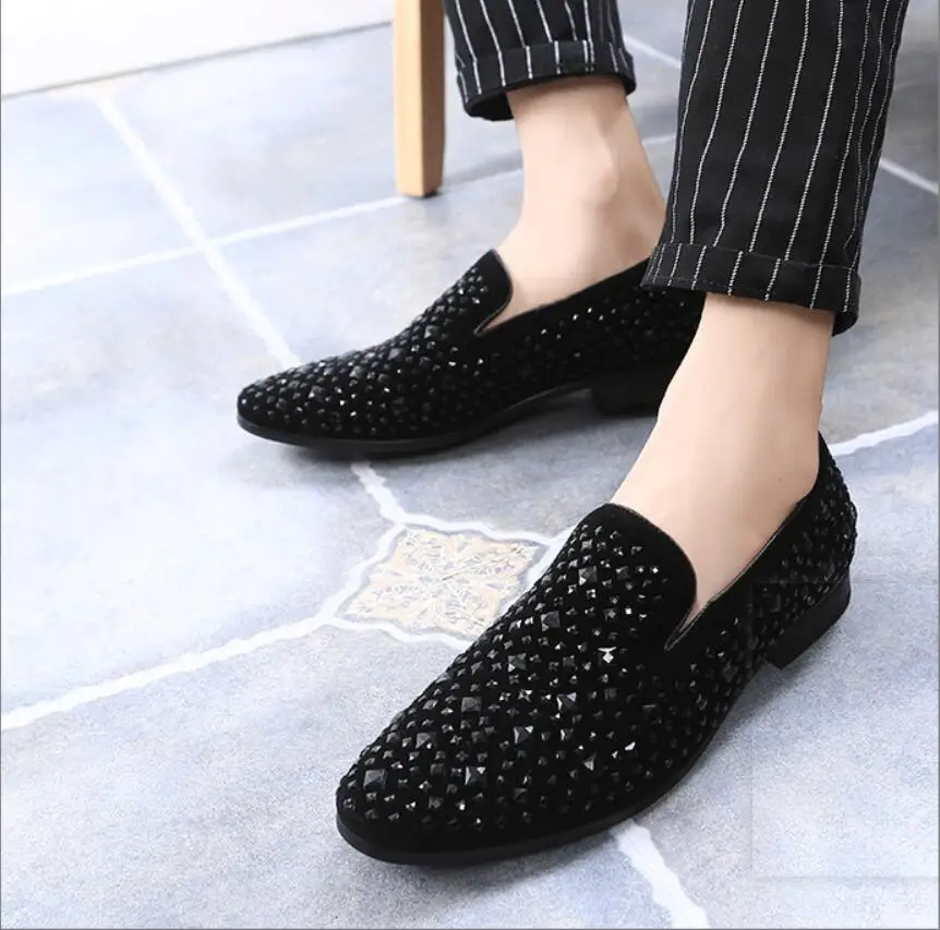 Черные Мужские модельные туфли со стразами роскошные бархатные Мокасины с