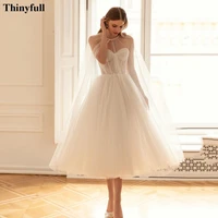 thinyfull simple 2 pieces midi wedding dress with cape dotted tulle country bride dress tea legth princess bridal party gowns