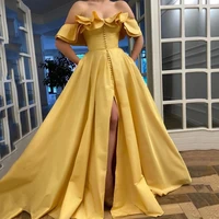 thinyfull 2020 yellow off shoulder floor length evening dress ruffles slit prom dress with buttons party gowns pockets dress