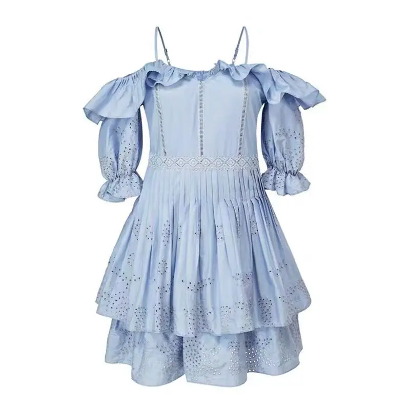 

Summer Women Dress 2021 New Dress Fashion Sweet Slash Neck Bubble Short Sleeve Hollow High Waist Ruffled Dress