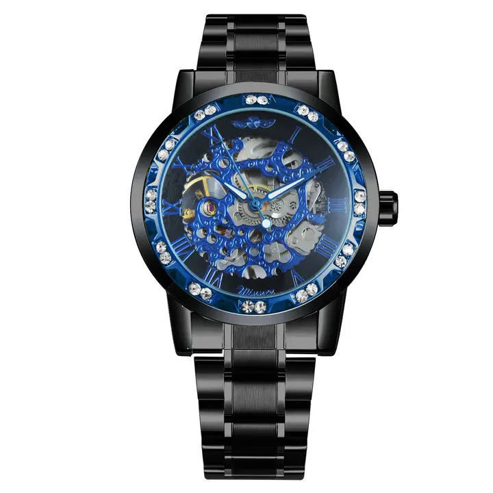 BLACK BLUE BLACK WINNER Skeleton Mechanical Watch Men Crystal Iced Out Golden Dial Brand Luxury Man Watch Steel Strap Business Wristwatch - Цвет: BLACK BLUE BLACK