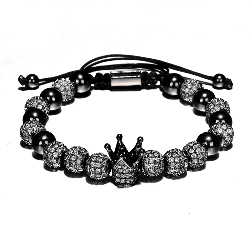 Crown Black A Роскошные браслеты мужские 8 мм Micro Pave CZ круглый плетеный макраме браслет Pulseira Feminina ювелирные изделия ручной работы для женщин подарок - Окраска металла: Crown Black A