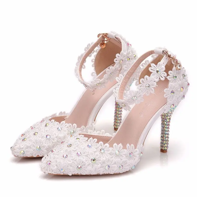 

women sandals wedding Party banquet Lace PU Rhinestones Buckle Strap 9CM Thin High Heels Pointed Toe women shoes size 35-42