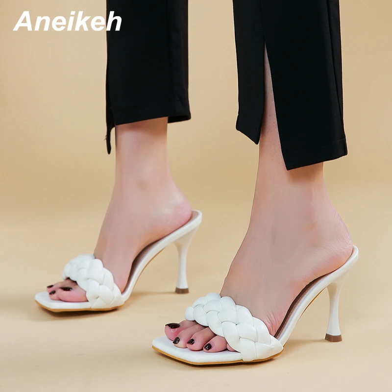 

Aneikeh 2022 Summer Women's Shoes Pleated Squared Toe Thin Heels Slippers NEW Concise Shallow Sexy Party Solid White Size 35-42