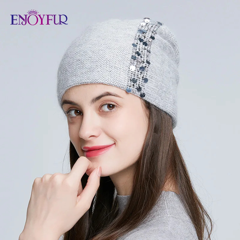 Женская двухслойная шапка бини ENJOYFUR с блестками для зимы|Женские Skullies и шапочки| |
