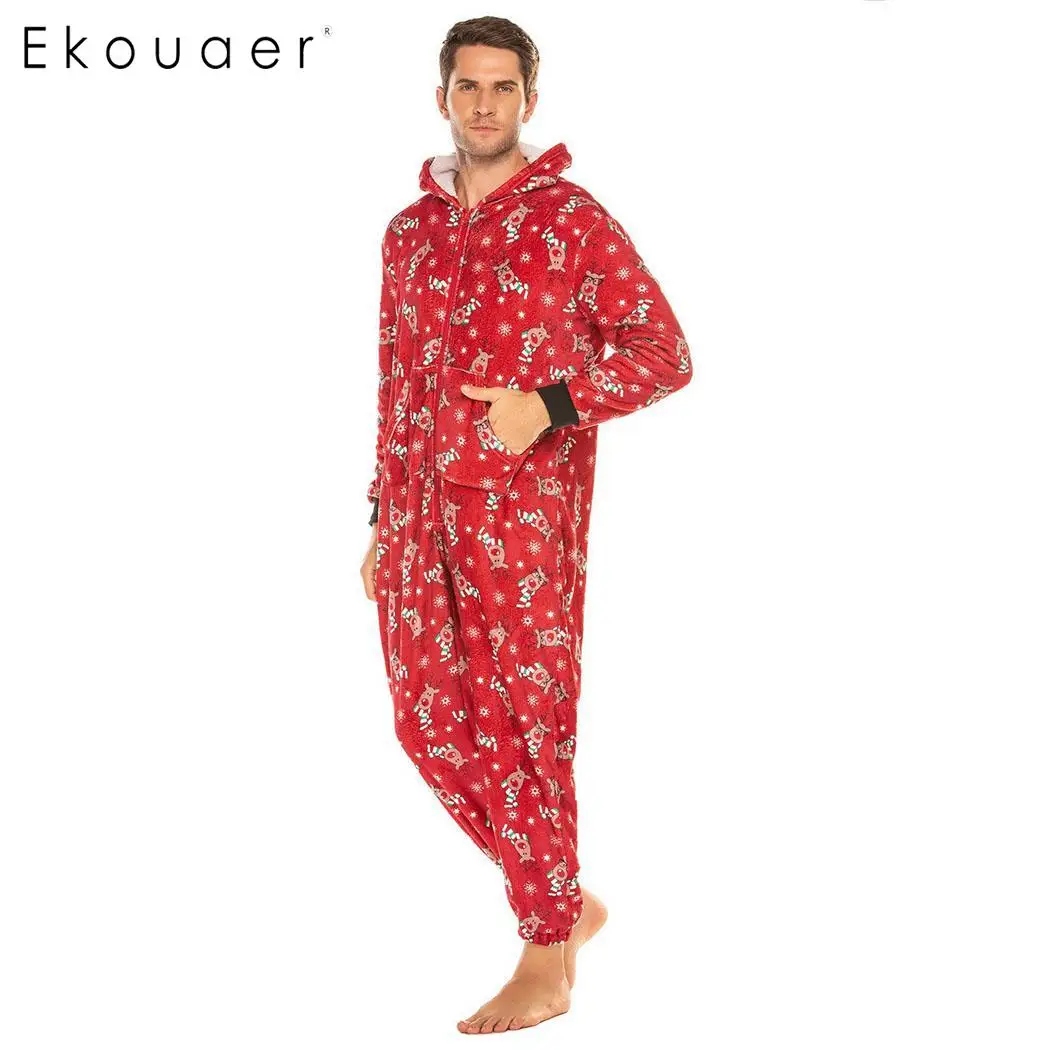Ekouaer Men Winter Pajamas Christmas Sleepwear Soft Cozy One-piece Pajama Long Sleeve Hooded Autumn Nightwear Clothes | Мужская одежда