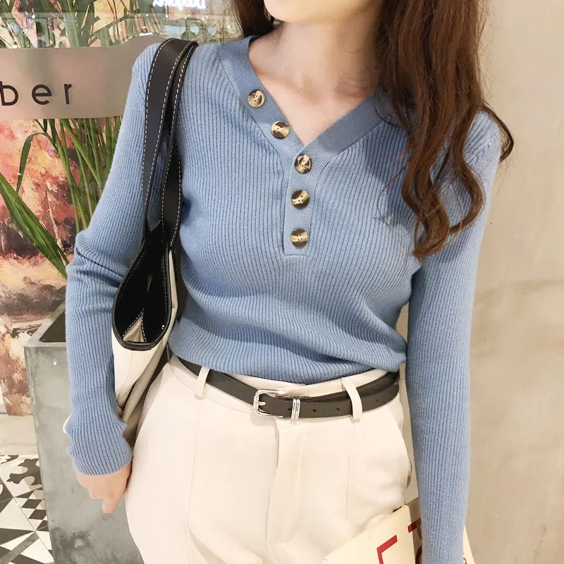 

Knit Pullover Women Spring and Autumn Sexy V-neck Long-sleeve Sweaters Knitted Bottoming Shirts Female NS1790