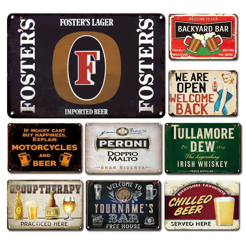 

Vintage Bar Open Metal Plaque Tin Sign Personalized Beer Metal Poster Signs Retro Tiki Bar Pub Club Home Wall Decoration Plates