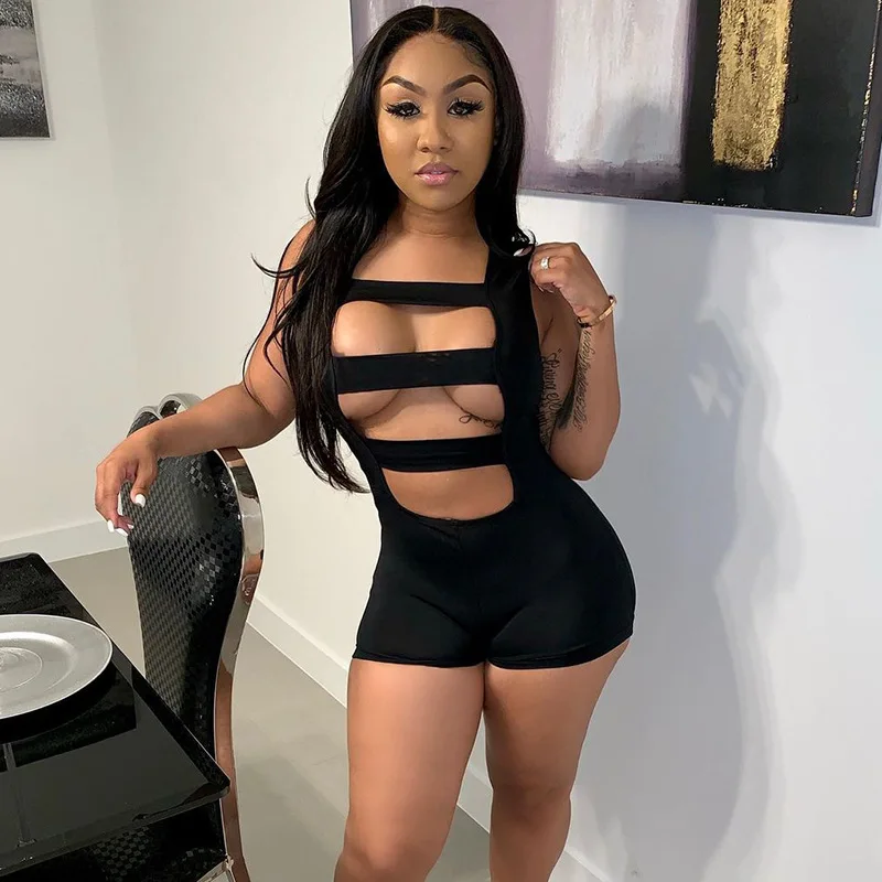 

Women Sleeveless Jumpsuit See-through Hollow Romper Costume Erotic Strapless Bandage Stitching Jumpsuit Nightwear Skinny 2021