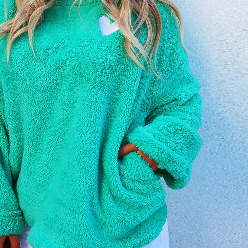 

Women Embroidered Sweater Heart Print Round Neck Loose Plush Sweater Tops -MX8