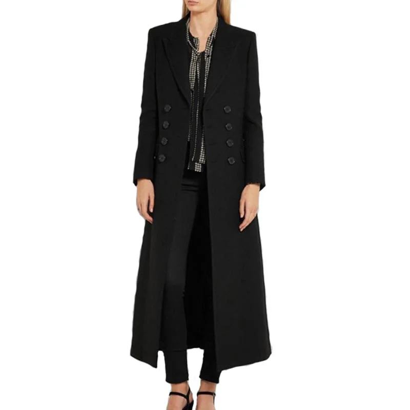 Black Wool Blends Long Coat Winter Women 2022 Lapel Double-breasted Slim Warm Elegant Office Lady Overcoat Fashion Outwear N75