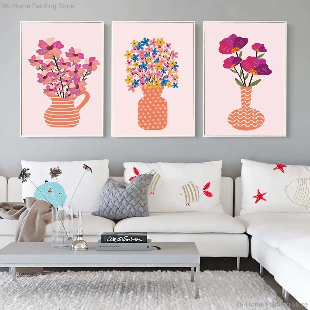 

Plant Flower Picture for Room Decor Pink Background Vase Art Posters Prints Canvas Painting Wall Art Wall Decor for Home Decora