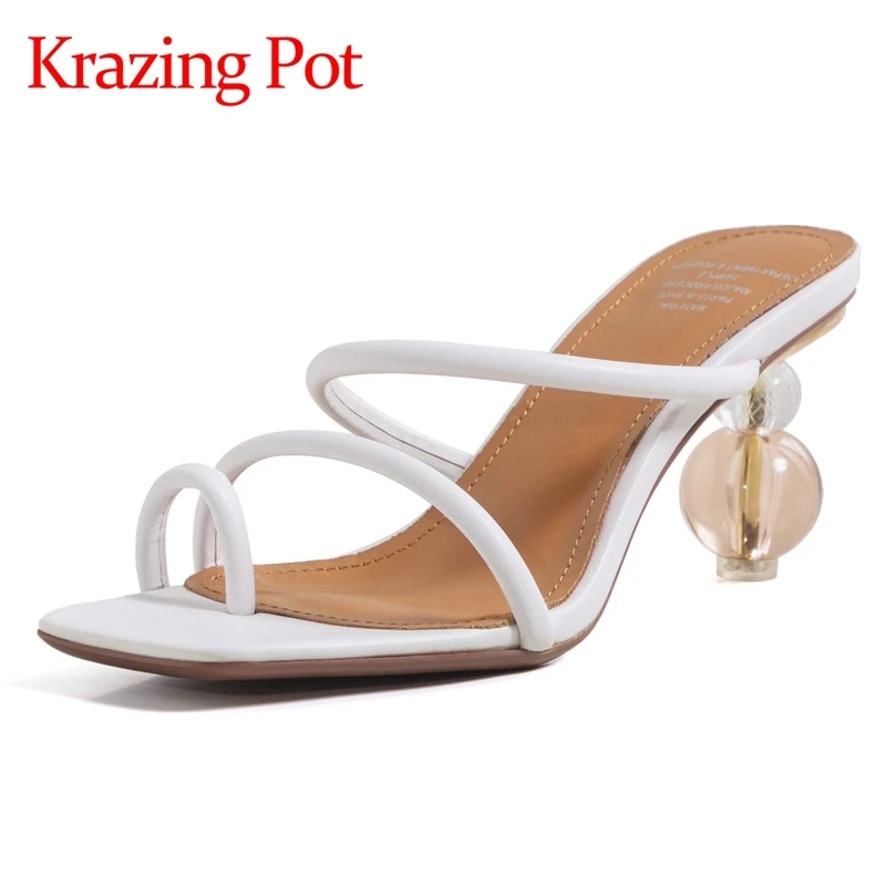 

Krazing pot summer genuine leather square toe high heels strange style concise style flip flop slip on mules sandals women L51