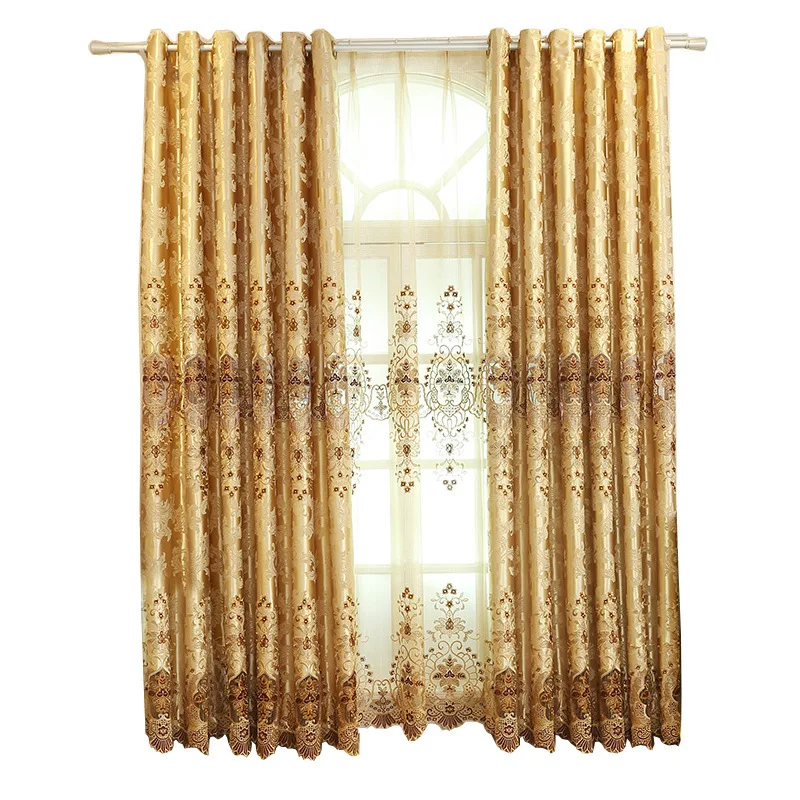 

Modern European-style Living Room Dining Room Bedroom Hollow Embroidered Curtain Tulle Yellow Fabric Embroidered Window Screen