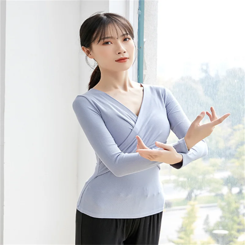 

Балетные костюмы для взрослых женщин Весна-Осень Одежда для танцев и выступлений с V-образным вырезом вязаный Топ с длинным рукавом