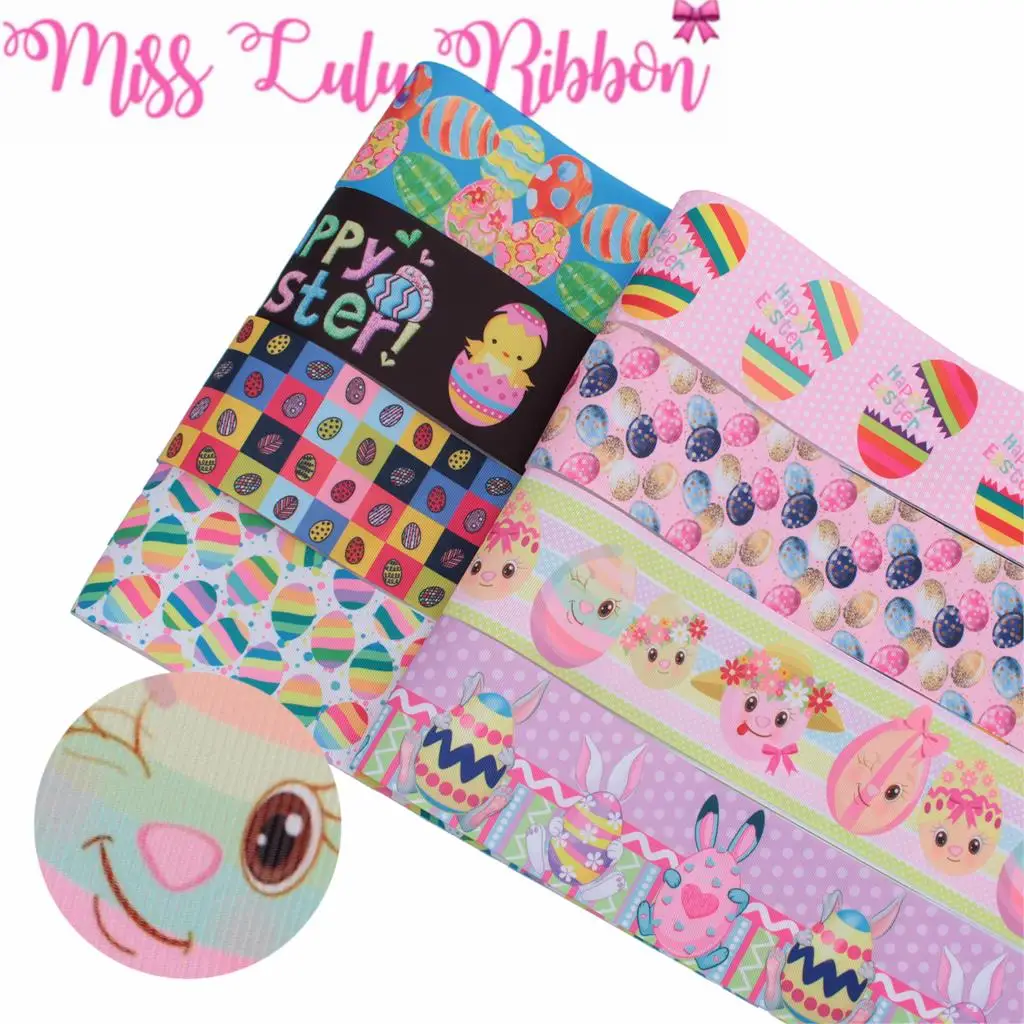 

16mm-75mm Cartoon Rabbit Colorful Egg Printed Grosgrain/Elastic Ribbon Happy Easter Day DIY Hair Bands Party Decor 50yards/roll