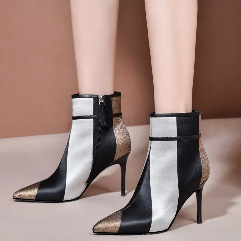 

KemeKiss Real Leather Satin Upper Women Ankle Boots Western Style Mixed Color Shoes Women Pointed Toe Party Footwear Size 34-40