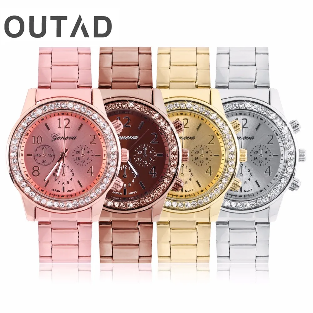 OUTAD Luxury Women Dress Watches Ladies Stainless Steel Quartz Bracelet Wrist Watch relogio feminino Gold Rhinestone Crystal | Наручные