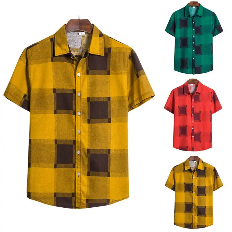 

Mens Tops Plaid Printed Short Sleeve Shirts 2021 Summer Casual Collared Slim Shirt Turn-down Collar Fashion Clothes Man Top