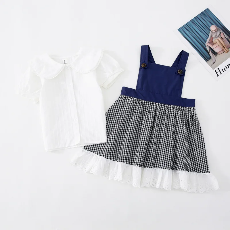 

2021 Summer New Girl Set Sweet and Cute Stitching Plaid Suspender Skirt + Short-sleeved Doll Shirt Kids Girls Clothes