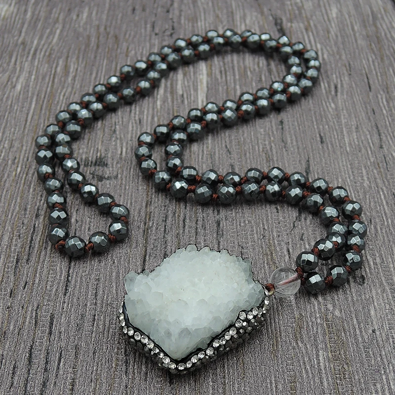 

Natural Crystal Druzy Paved With CZ Pendants Necklaces 6mm Hematite Faceted Round Beads Knot Handmade 30inch And 40inch
