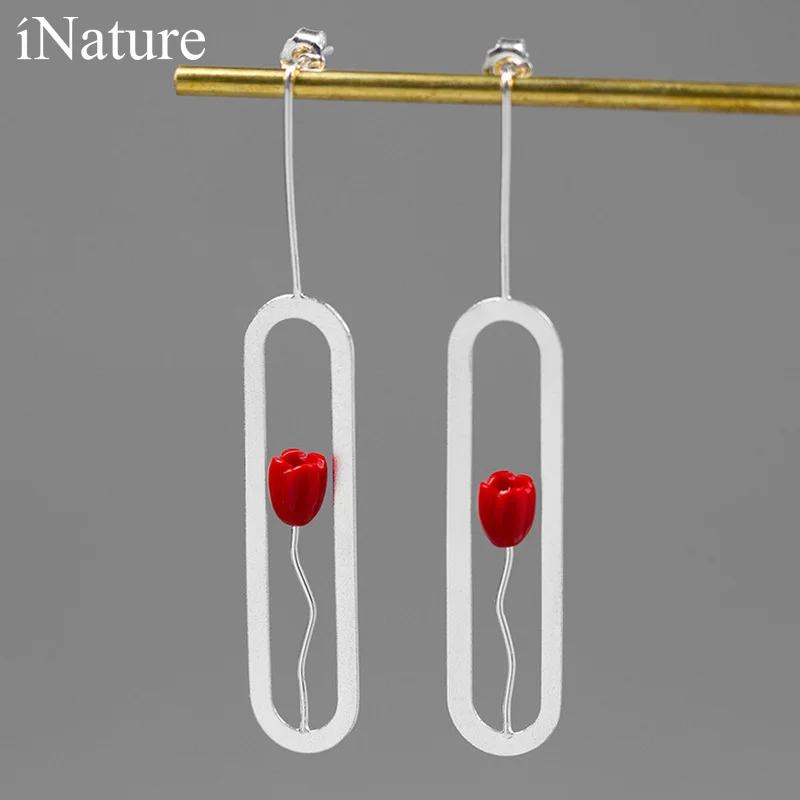 Серьги-гвоздики INATURE из стерлингового серебра 925 пробы с красными коралловыми