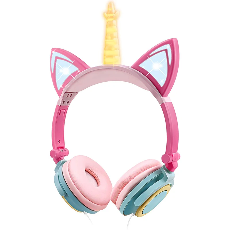 Наушники кошачьи уши с единорогом для девочек гарнитура со светодиодсветильник