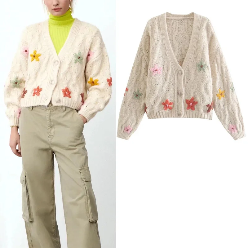 

Za Winter Flower Embroidery Cardigan Sweater Fashion V-neck Long Sleeve Pullover Sweater Chic Buttons Thicken Warm Sweater