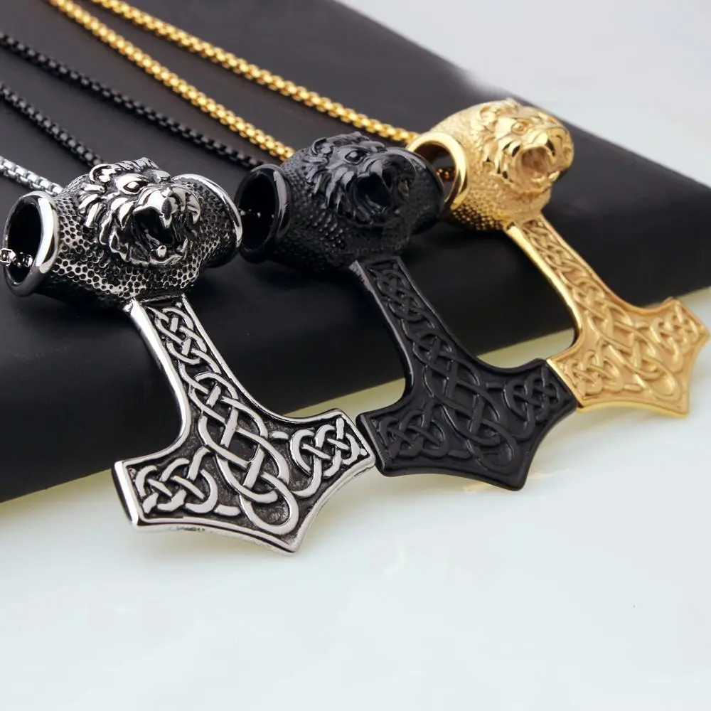 Мужское ожерелье с кулоном в виде молотка Тора стиле панк головой льва