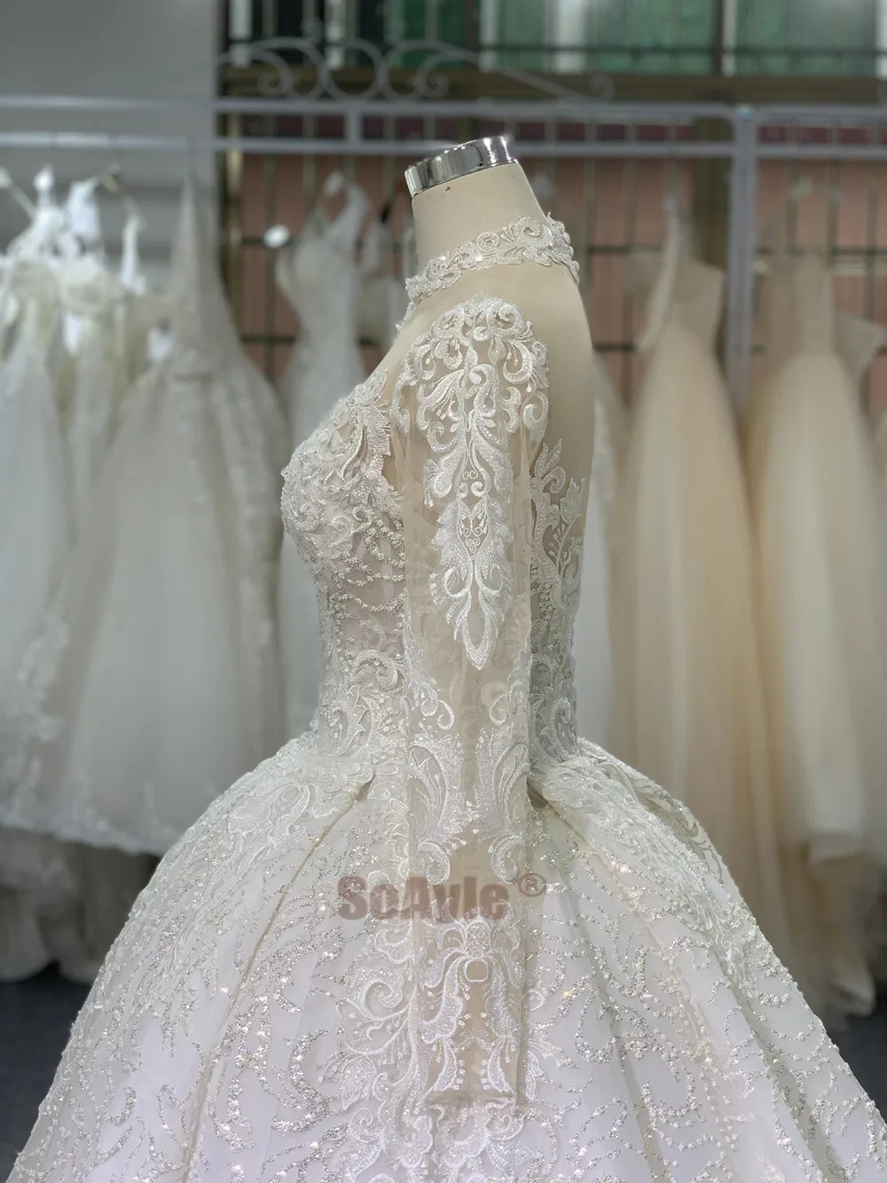 SoAyle High Neck Long Sleeves Lace Wedding Dress Heavy Beading Luxury Ball Gown Wedding Dresses for Women vestido de novia