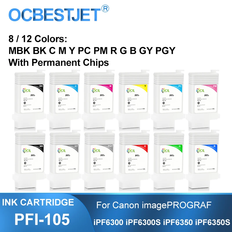 

PFI-105 PFI105 Refillable Ink Cartridge With Permanent Chips For Canon iPF6300 iPF6300S iPF6350 iPF6350S Printer 130ML/PC