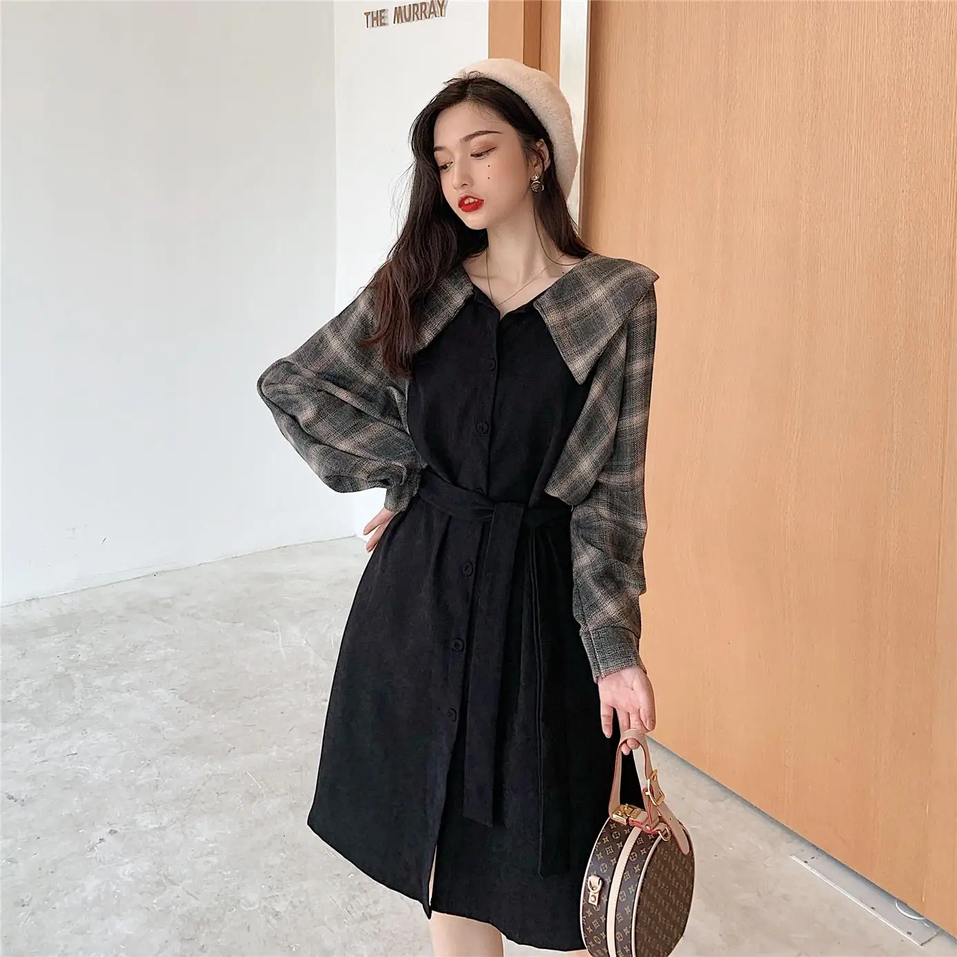 Клетчатые платья лидер продаж женское модное лоскутное винтажное платье рубашка