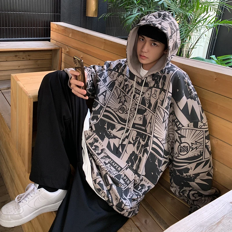 

LIASOSO Spring Tide Brand Hooded Sweater Men's European and American Style Plus Size Jacket Trend Cartoon Anime Print Hoodie