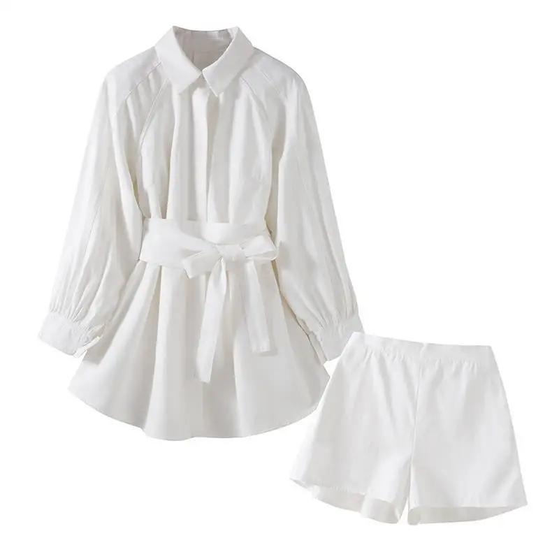 

Womens Two Piece Sets 2020 Spring V Neck Tops Full Single Breasted Sashes Mini Pants Solid Thin Wild Elastic Waist shorts set