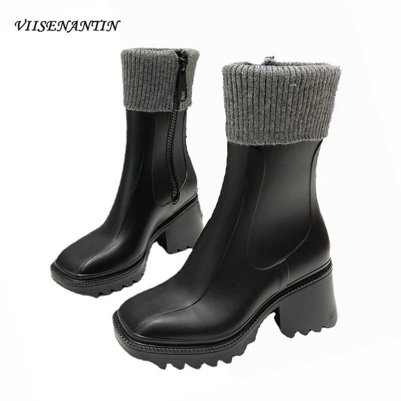 

New Thick Heel Cow Leather Knitted Patchwork High Heel Rain Boots 2021 Trendy Handsome Waterproof Martin Boots Chelsea Boots