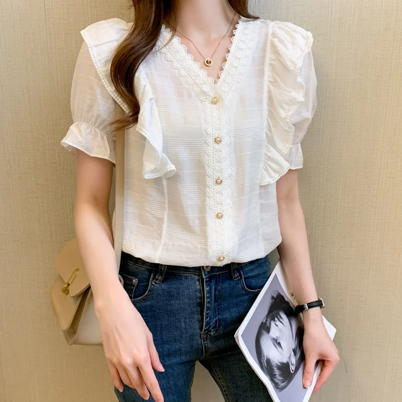 

Женская кружевная блузка, Элегантная короткая ажурная блузка с V-образным вырезом и короткими рукавами, в Корейском стиле, лето 2021