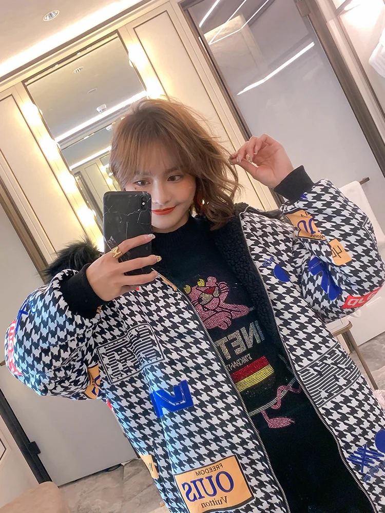 Женское зимнее пальто с меховым воротником свободный клетчатый кардиган