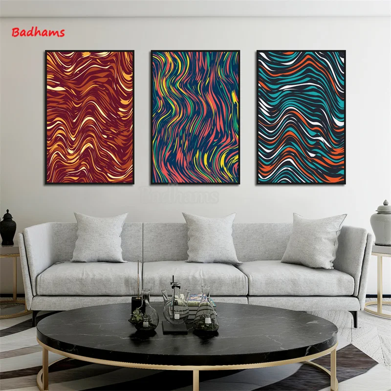 

Living Room Decoration Triptych Creative Color Wave Pattern Hanging Painting Wall Layout Mural Study Studio Fun Painting
